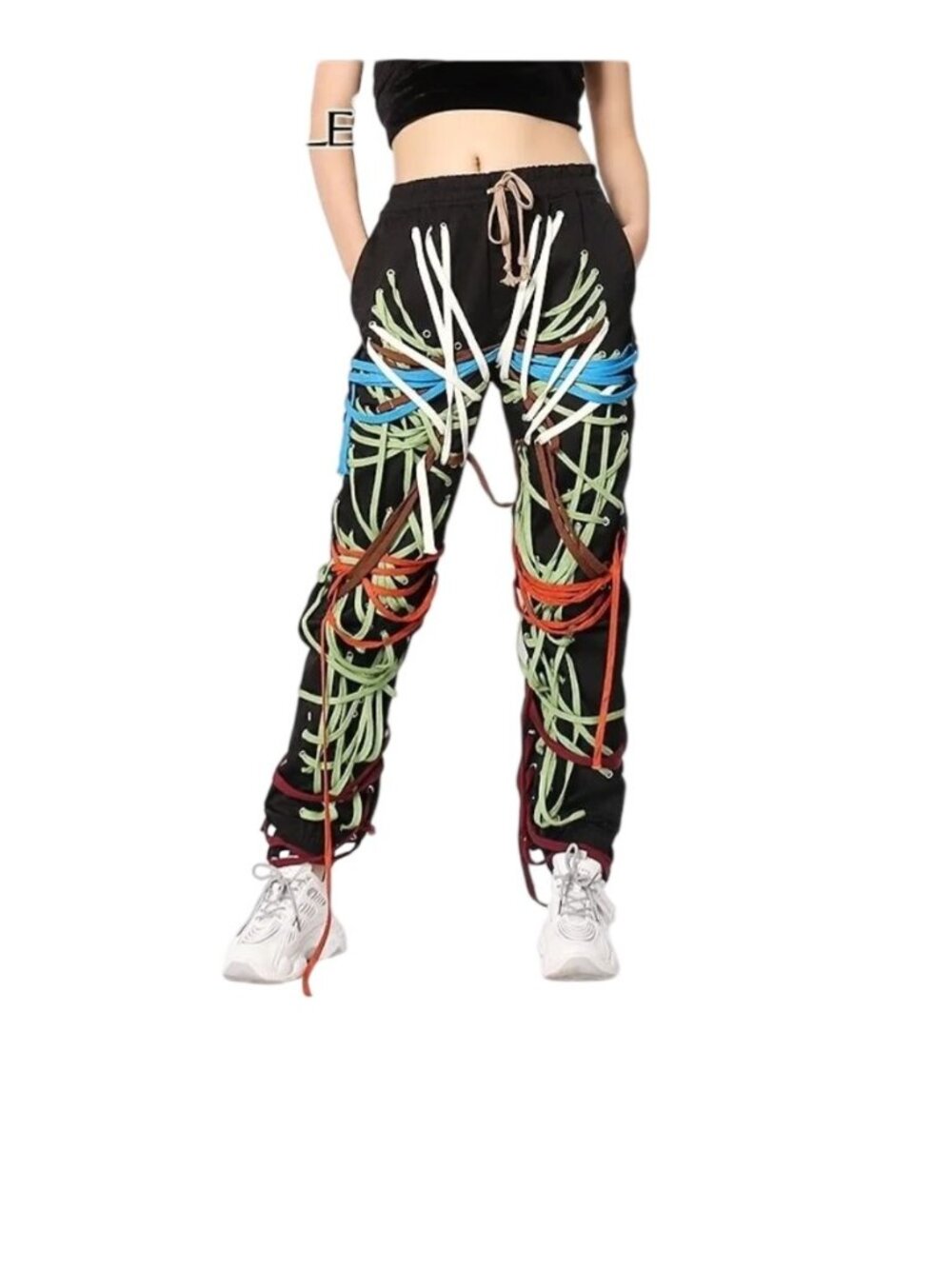 Twotwinstyle Womens High-Waist Patchwork Bandage Pants Colorful Rope Detail S - Picture 2 of 9